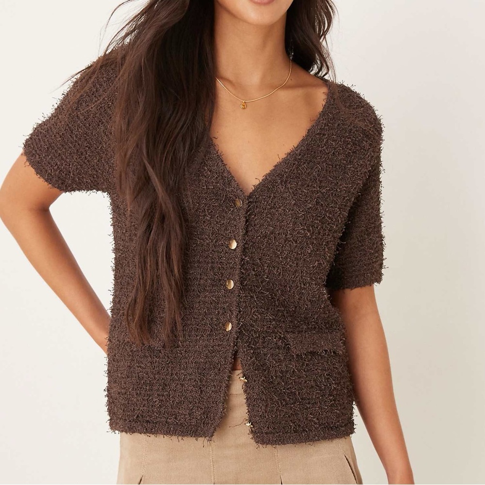 NWOT Mango Fluffy Short-Sleeve Cardigan in Brown